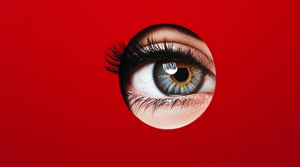 Extreme close-up of a mesmerizing human eye with long eyelashes peering through a circular hole in a vibrant red background, creating a striking visual contrast.