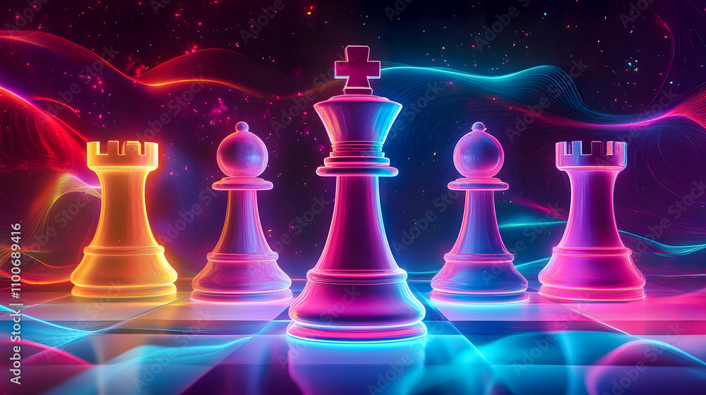 Poster neon chess board displaying colorful chess pieces in a futuristic setting with vibrant lights and di
