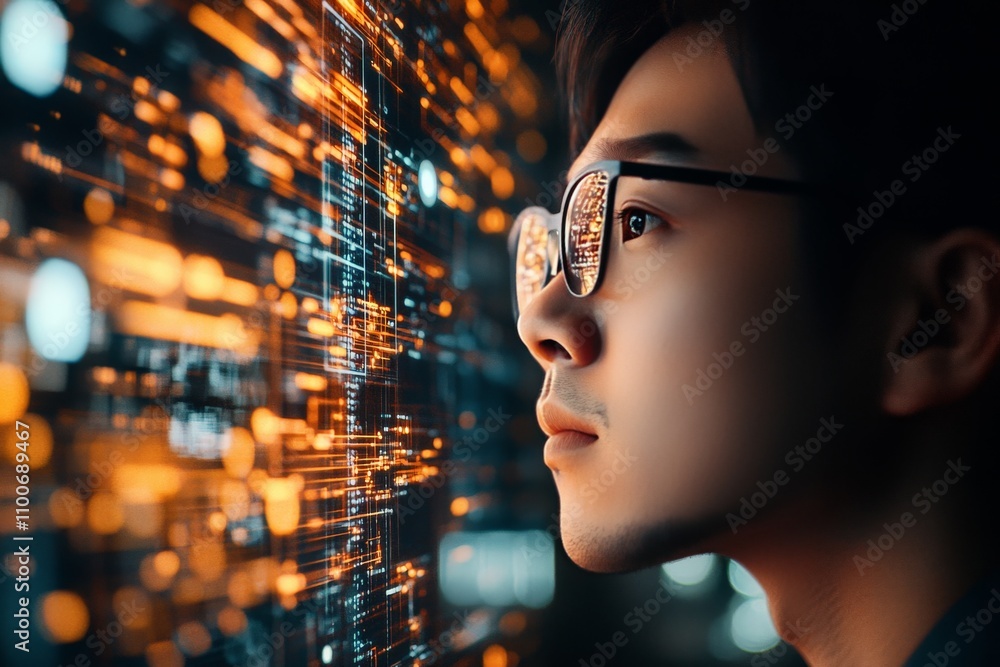Poster a focused individual wearing glasses is absorbed in a luminous digital display filled with colorful 