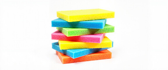 Colorful sponges stacked, vibrant cleaning supplies