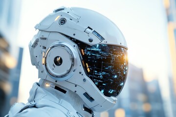 A cutting-edge astronaut helmet, glowing with digital interface reflections, epitomizes the fusion of space exploration, advanced technology, and pioneering human endeavors.