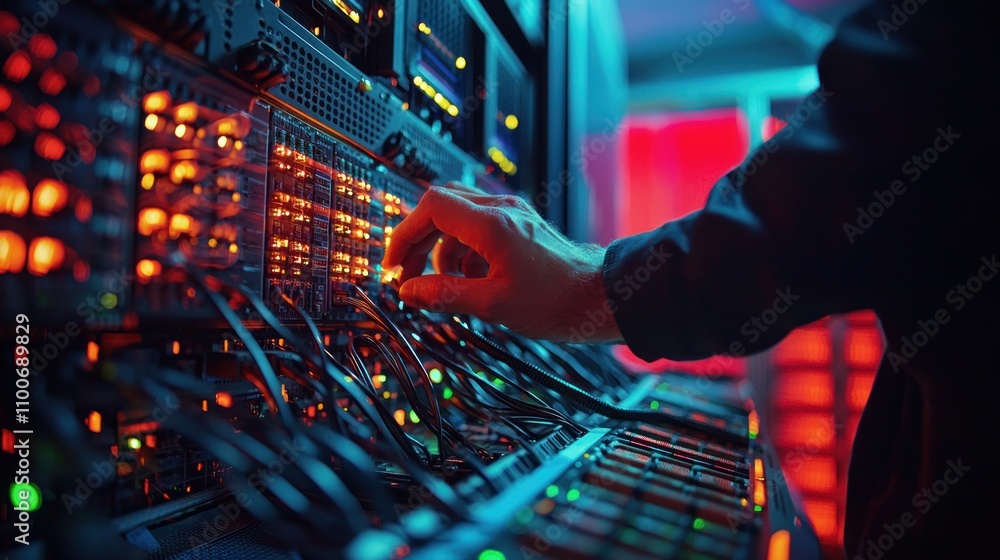 Poster a close-up of a technician working on a server in a high-tech data center, surrounded by sophisticat