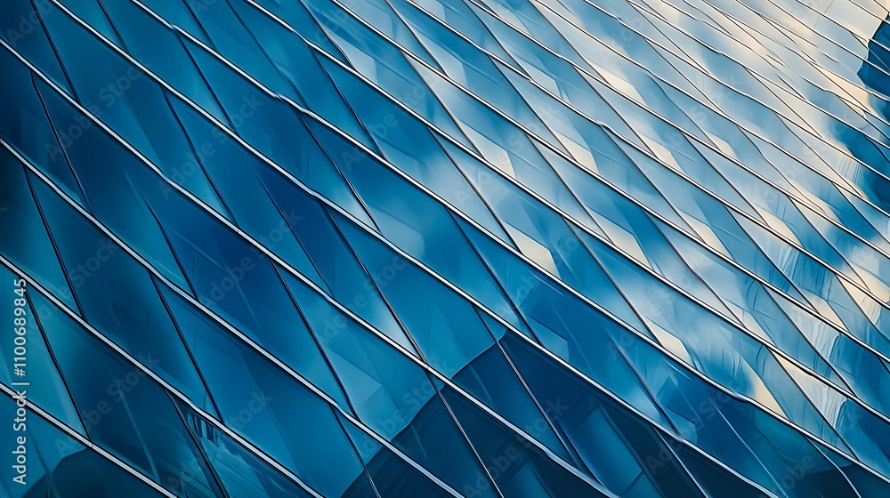 Poster a close-up view of a modern glass building facade with a dynamic, reflective pattern.