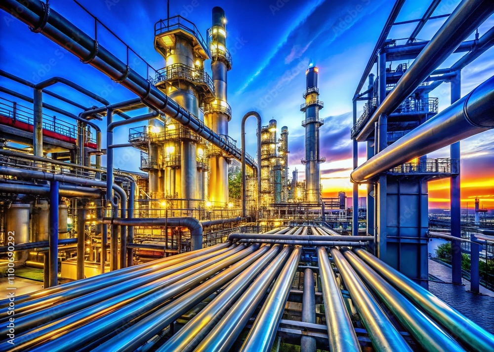 Poster industrial refinery pipelines with detailed infrastructure and copy space for text, showcasing the c