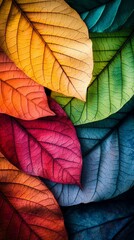 Obraz premium Vibrant autumn leaves in a spectrum of colors, from fiery reds to cool blues, showcase nature's artistic palette in a stunning close-up composition.