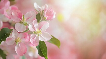 Fototapeta premium Delicate pink apple blossoms in soft focus, capturing the essence of spring's gentle beauty. Macro view showcases intricate petals and stamens against blurred background.