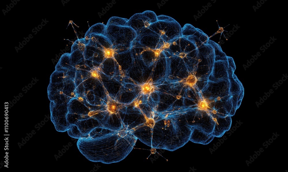 Poster neural network visualization, brain connections, glowing nodes, intricate patterns, digital represen