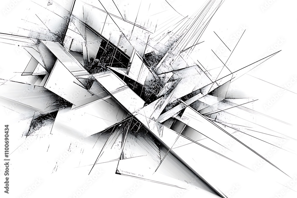 Poster abstract black and white geometric shapes creating a dynamic, fragmented composition.