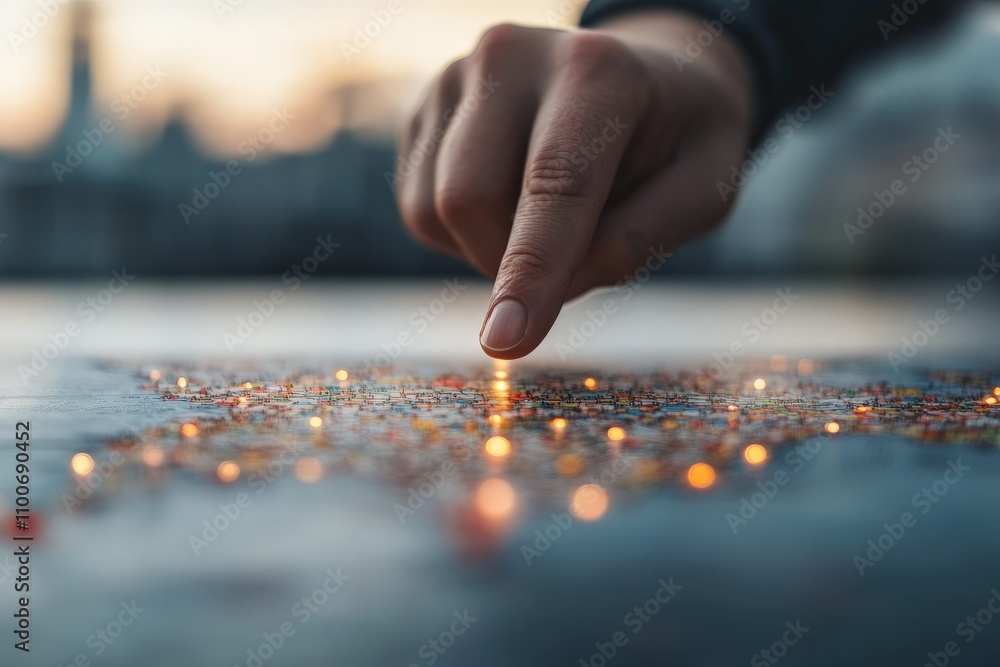 Aufkleber a hand strategically touches a glowing map on a reflective surface, emphasizing decision-making and 