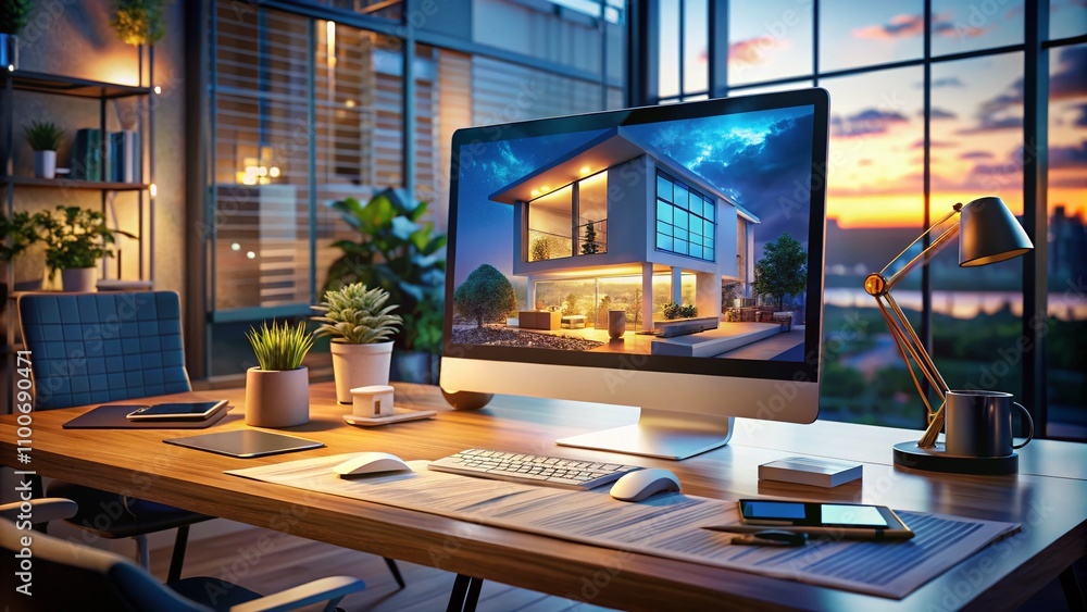 Poster innovative architectural design software application for modern architects and designers in a low li