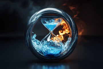 Hourglass encased in a sphere, with fire and ice elements.