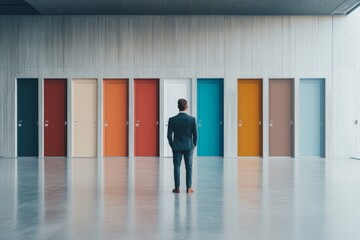 A man stands before an array of colorful doors in a sleek, modern hallway, each representing a unique choice or opportunity in a decisively dynamic environment.