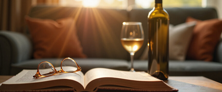 Cozy evening with book and wine, relaxation and comfort