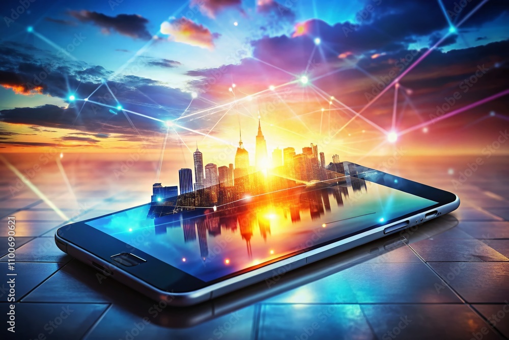 Poster innovative double exposure of vector message displayed on a modern smartphone screen in a flat style