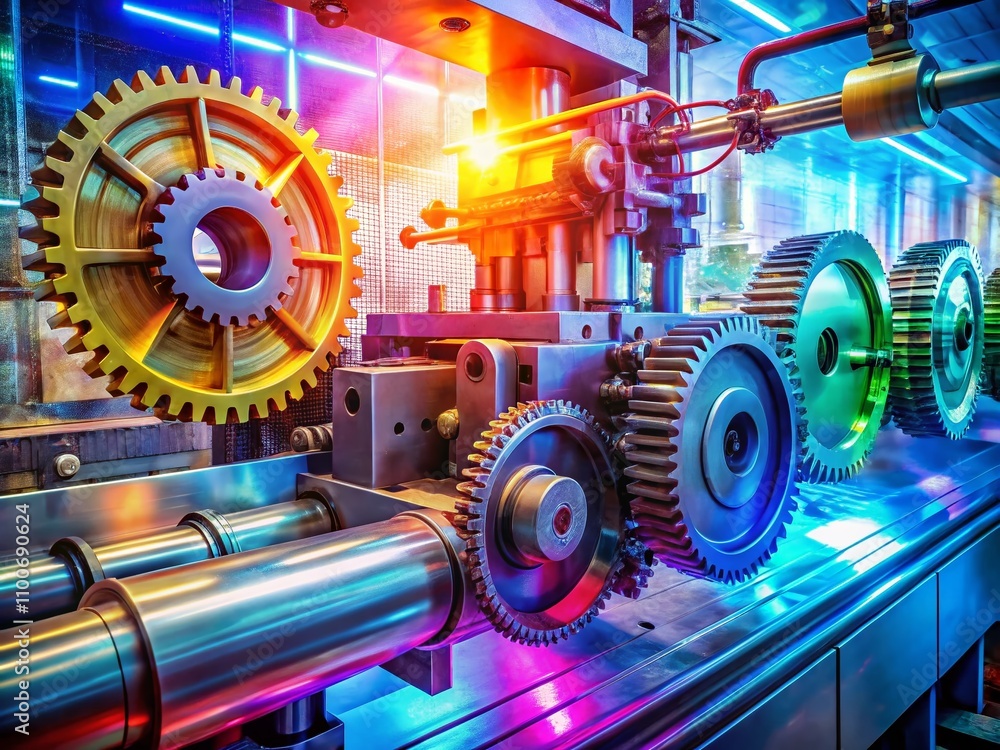 Poster innovative double exposure photography of an injection molding machine merging with industrial eleme