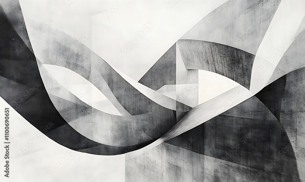 Poster abstract geometric composition with flowing forms in shades of gray.