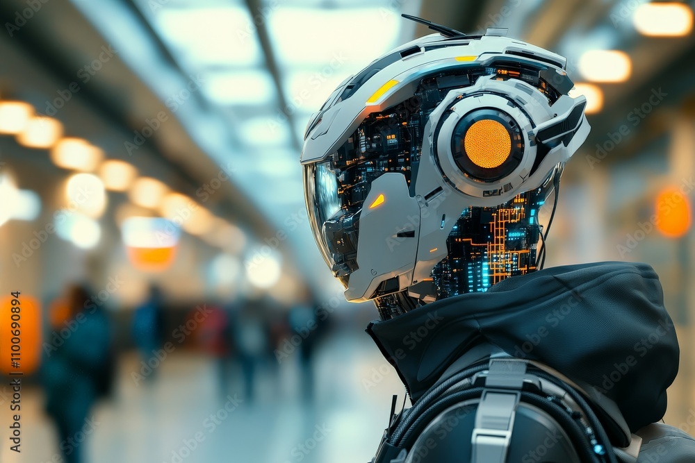Poster a sleek humanoid robot with intricate circuitry and glowing elements, set in a brightly lit, modern 