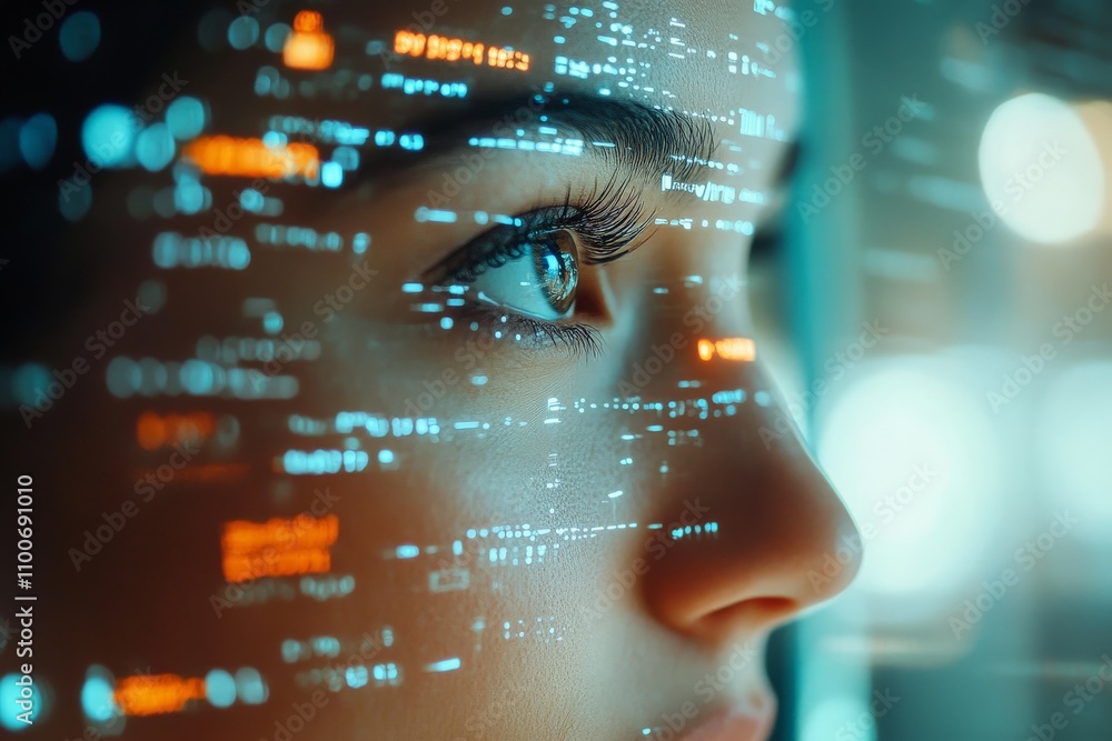 Poster a woman's profile is illuminated with futuristic data and digital graphics overlay, symbolizing mode