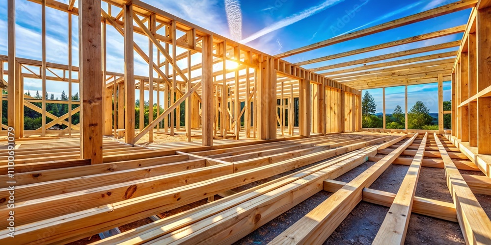 Poster installing wooden framing beams and trusses in a house remodel for structural support and home impro