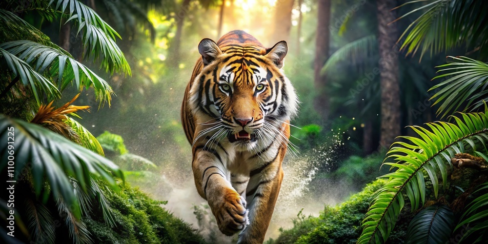 Poster intense scene of an attacking tiger in a dynamic pose, showcasing its power and agility amidst a lus
