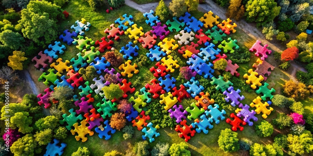 Poster interlocking colorful puzzle pieces representing collaboration and problem solving in a bright and e