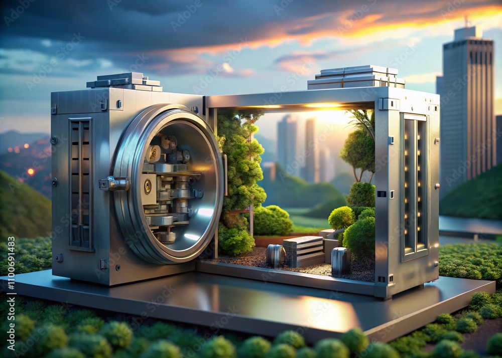 Poster intricate 3d vault door with complex security lock system for miniature assets in a futuristic lands