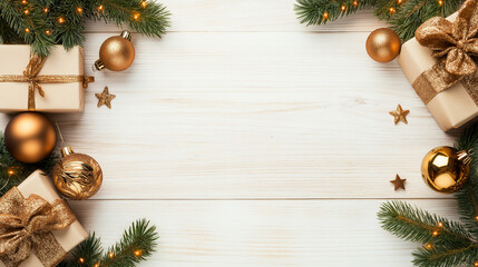 Golden Christmas Flatlay: Festive Christmas gifts, ornaments, and evergreen branches create a luxurious and elegant frame on a rustic white wood background.