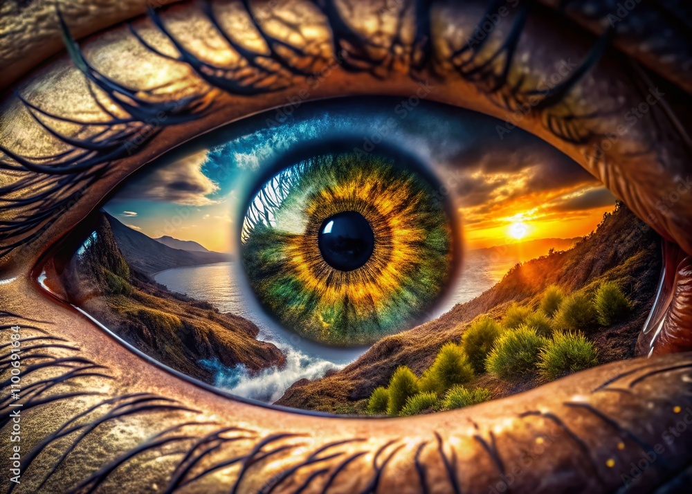 Poster intricate close-up of an eyeball capturing unique patterns and colors in landscape photography style