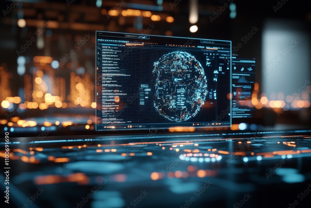 Aufkleber a high-tech digital interface with a holographic globe and network lines, set in a modern control ro