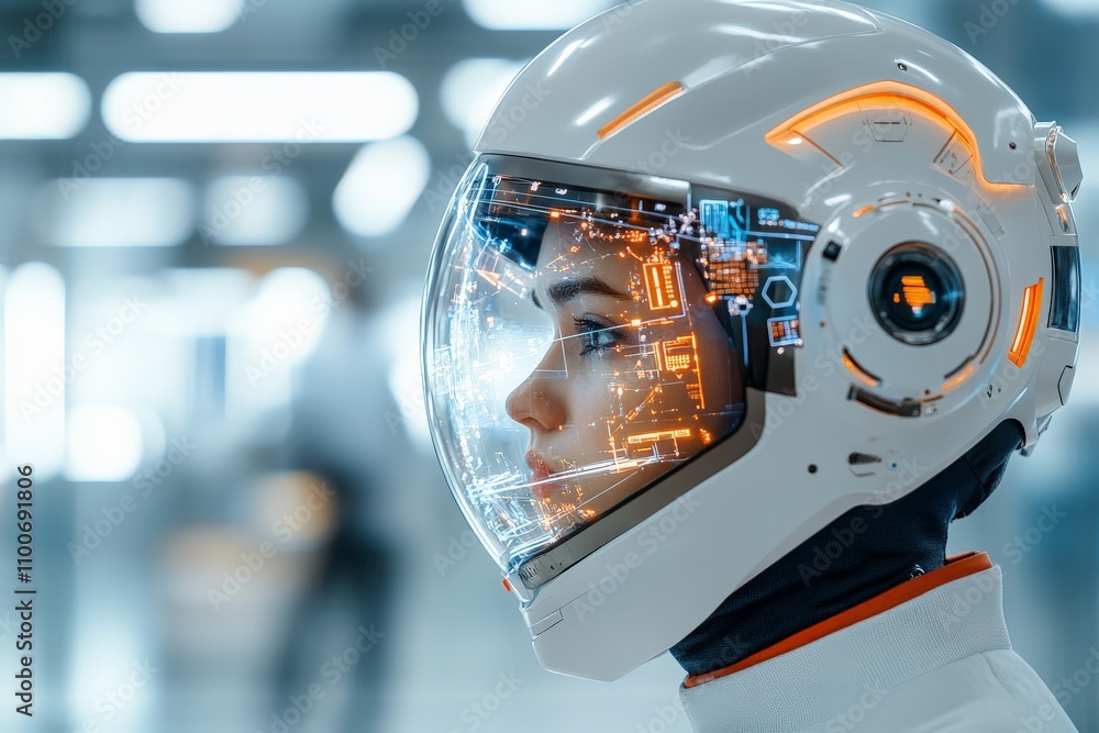 Aufkleber a close-up view of a futuristic astronaut helmet with a digital interface, displaying data and glowi