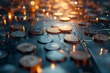 A collection of brightly shining coins scatter across a digital circuit board, evoking the interaction between traditional currency and modern technology in a digital era.