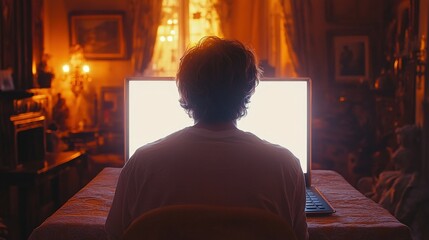 Obraz premium A person sitting in front of a glowing computer screen in a warmly lit room.