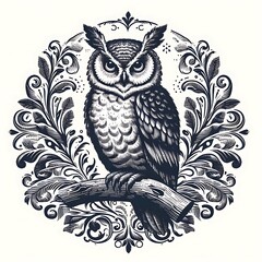 Fototapeta premium Detailed illustration of an owl surrounded by foliage.