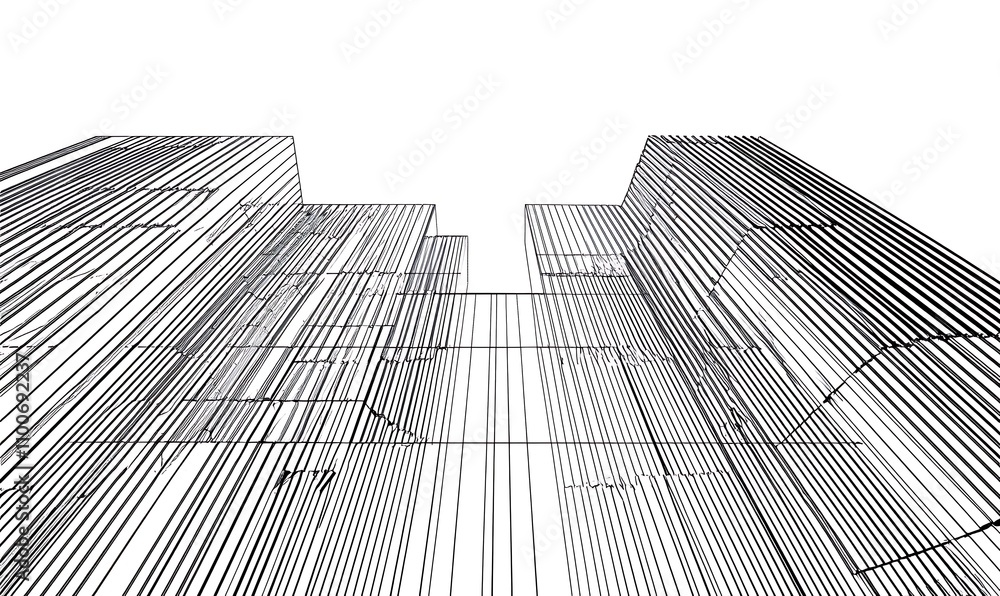 Poster abstract representation of skyscrapers using linear design, emphasizing architectural structure.
