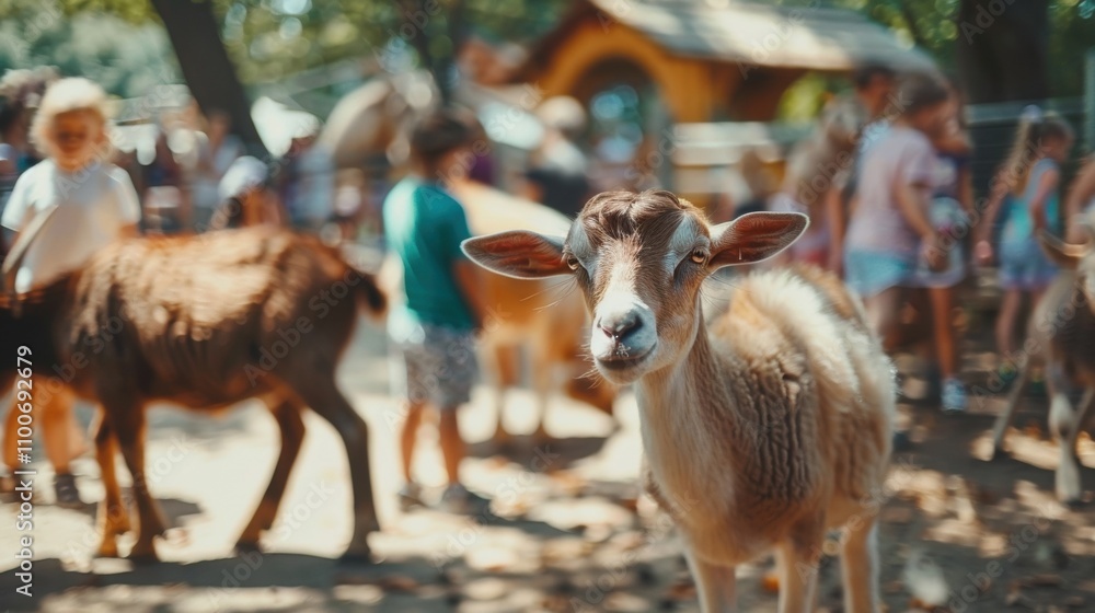 Aufkleber fuzzy snapshot of e animals roaming around a crowded petting zoo with kids in the background.