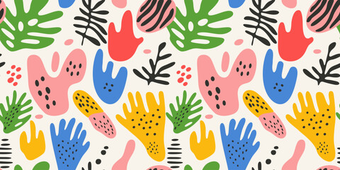 Abstract seamless pattern of hand-drawn playful line and shapes. Vector organic leaves, vibrant dot spots in bold colors. Naive art style design. Abstract background