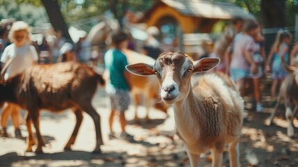 Fuzzy snapshot of e animals roaming around a crowded petting zoo with kids in the background.