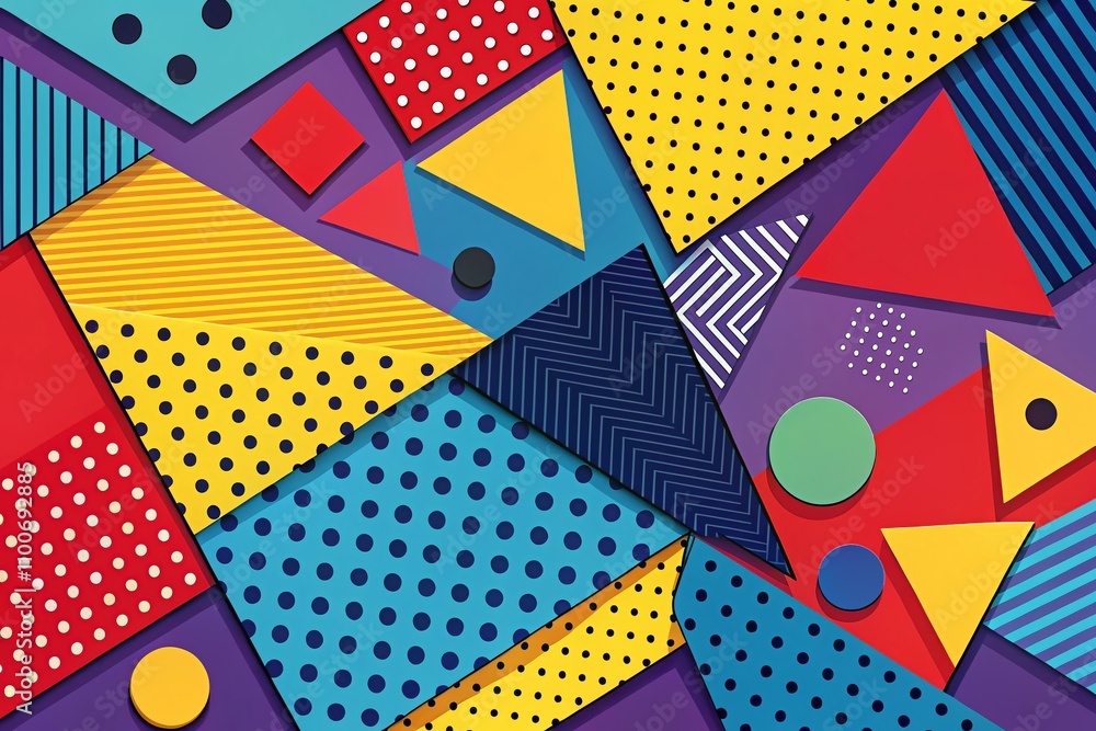 Poster isolated memphis style abstract shapes featuring geometric triangles and dots in red, blue, yellow, 
