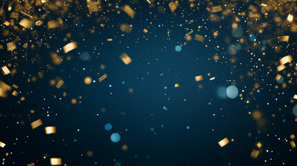 Golden Confetti Celebration: A mesmerizing cascade of shimmering gold confetti against a deep blue backdrop, capturing the essence of festive joy and celebration.