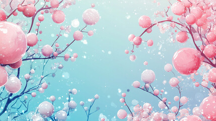 Creative abstract effervescent composition of flower bubbles on branches. Minimal dreamy concept. Pastel colors, pink, blue. Gradient background with copy space