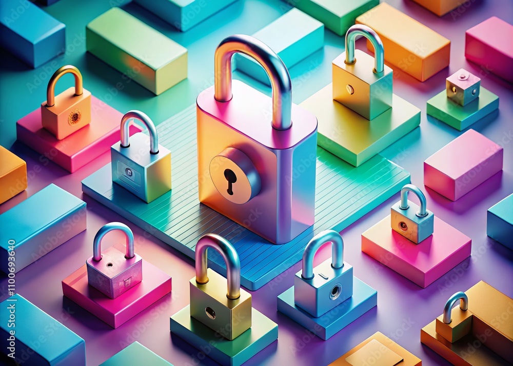 Poster isometric lock and unlock symbols illustrated in modern style for digital security and user interfac