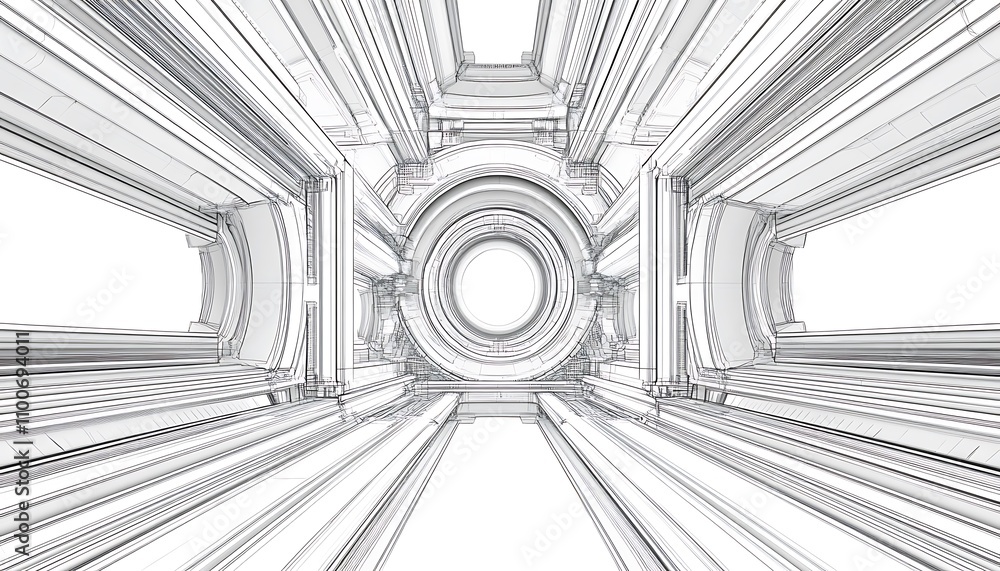 Aufkleber abstract architectural design featuring radial lines and columns.