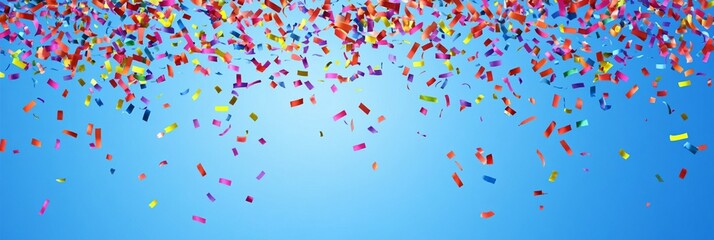 Vibrant confetti shower against clear blue sky background, creating festive atmosphere for celebrations, parties, and joyous occasions. Colorful paper bits falling.