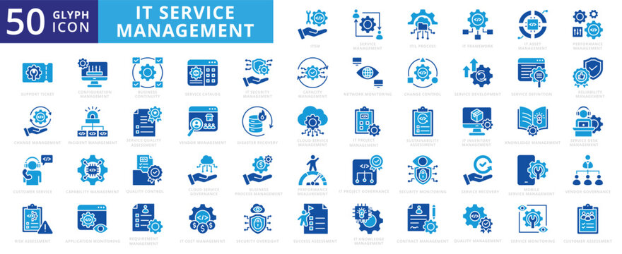 IT service management icon set with business, technology, cloud, mobile, success, network, security, innovation, desk, sustainability, knowledge, application, customer, contract, and information