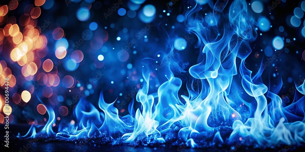 Poster large dark blue fire on black background with bokeh effect creating a mystical atmosphere for abstra