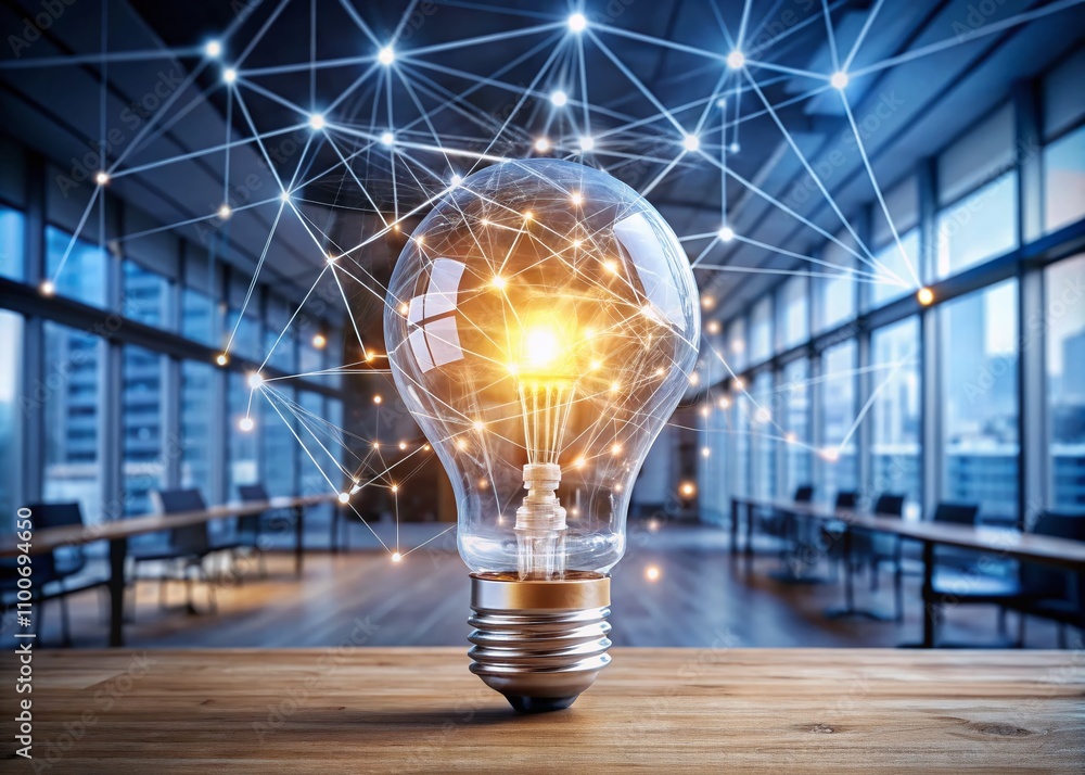 Poster light bulb and business symbols connected through network lines representing innovation and growth i