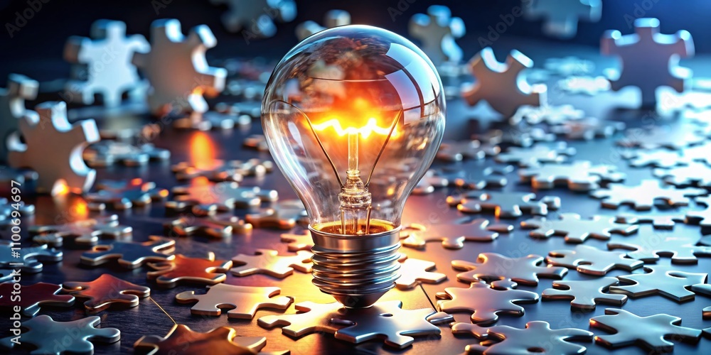 Poster lightbulb surrounded by floating puzzle pieces and glowing paths, illustrating breakthrough problem 