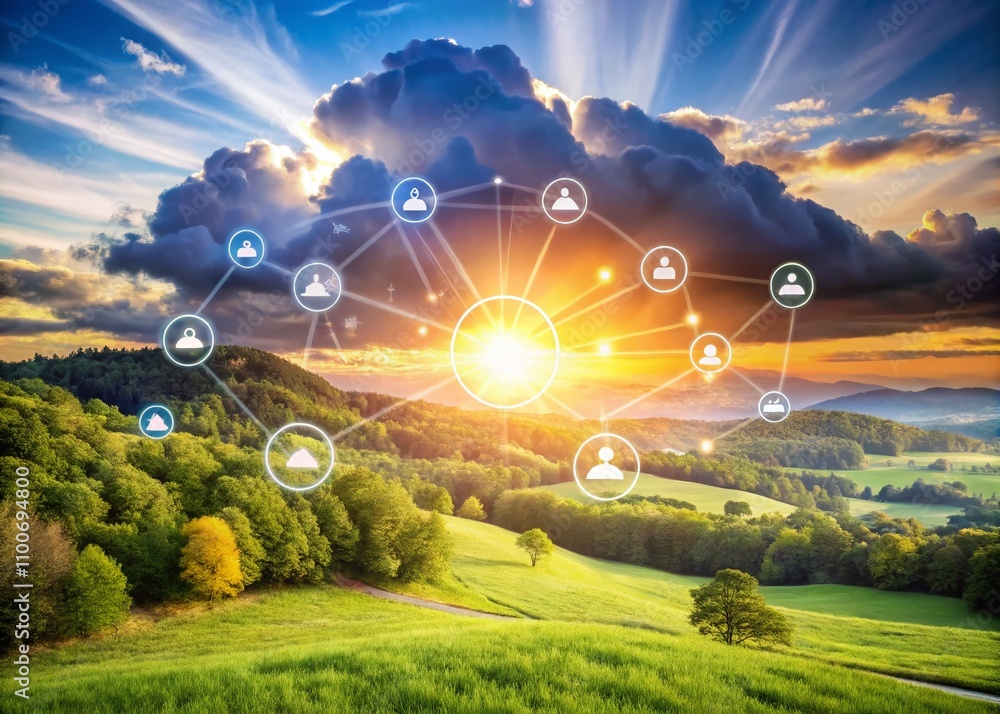 Poster linear icons representing network cloud services, data transfer, cloud storage, and synchronization 