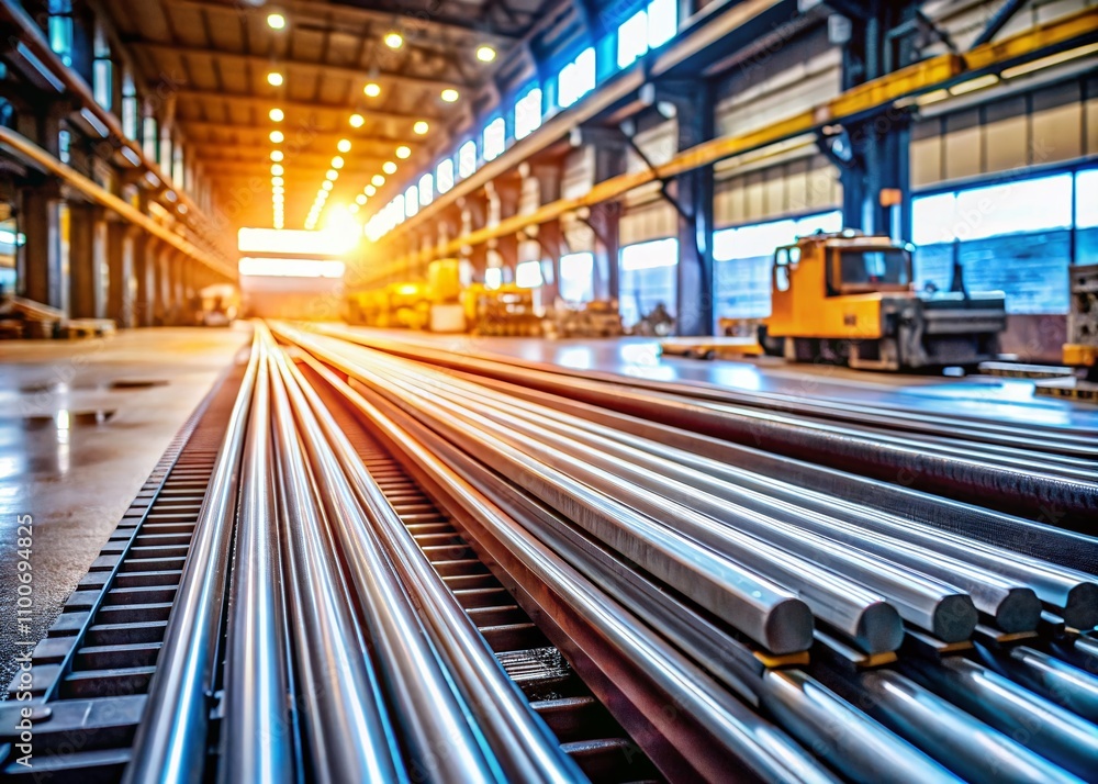 Poster linear steel rails for machines in industrial setting with copy space, ideal for manufacturing and e