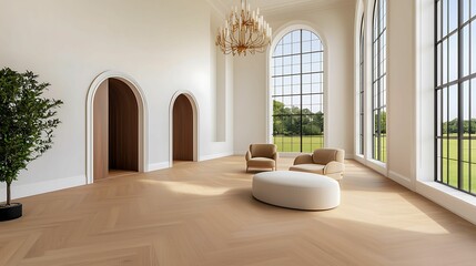 A bright, modern interior featuring elegant furniture, large windows, and a minimalist design, showcasing a serene living space.